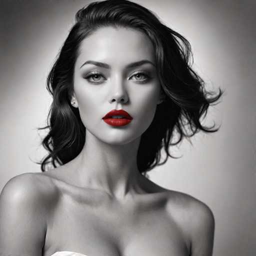 The image shows a close-up portrait of a woman with long dark hair and striking red lipstick. The background is a stark white, which contrasts sharply with the woman's dark hair and lips, making them stand out prominently in the frame.
