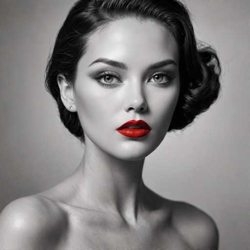 A woman with striking red lipstick and a black hair bun is captured in a close-up portrait against a stark white background. The image is rendered in black and white, giving it an artistic and timeless quality.