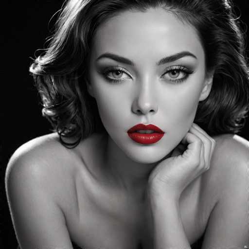 The image is a black and white portrait of a woman with long hair styled in loose curls. She has striking red lipstick on her lips and dark eyes that add depth to the composition. The background is a stark contrast to the subject's features, providing a strong visual focus on her.