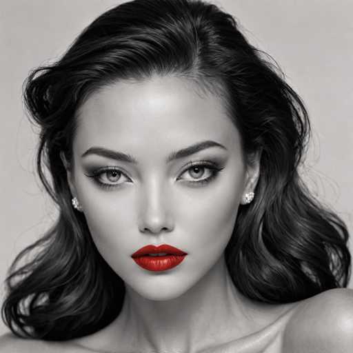 A woman with long dark hair is the main subject of this black and white portrait. She has striking red lips that contrast sharply against her dark hair. The background is a plain white wall, which further accentuates the woman's features. There are no other objects or people in the image, making it a simple yet powerful portrait.