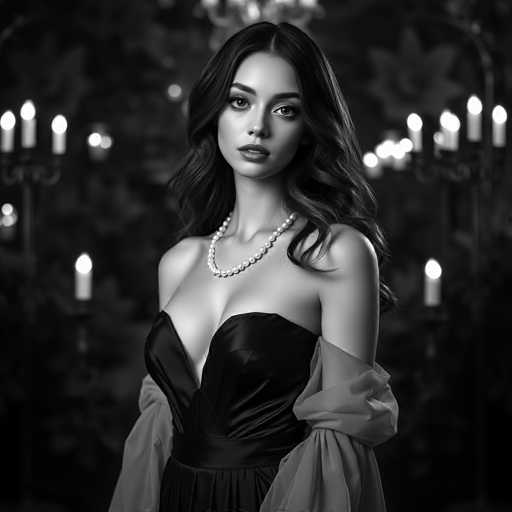 A woman with long dark hair is standing against a black background adorned with white candles and chandeliers. She is wearing a strapless black dress that falls just below her shoulders, and a pearl necklace adds an elegant touch to her appearance. The image is in black and white, giving it a timeless quality.