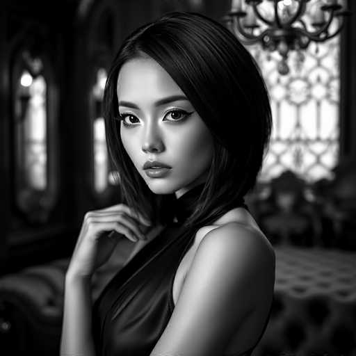 A woman with long dark hair is captured in a black and white portrait photograph. She is wearing a black dress that contrasts with the monochrome setting of the room. The background features an ornate window adorned with intricate designs, adding to the overall aesthetic of the image.