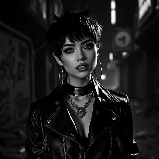A young woman with short black hair and a leather jacket stands confidently against the backdrop of an urban alleyway. She is wearing a necklace that features a large pendant, and her gaze is directed straight at the camera. The image is in black and white, adding a sense of timelessness to the scene.