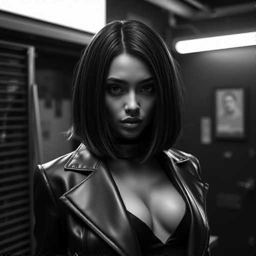 The image is a black and white photograph featuring a woman with short hair wearing a leather jacket. The woman's face is the main focus of the photo, which is taken from a low angle looking up at her. There are no other objects or people in the frame, making the woman the sole subject of the picture.