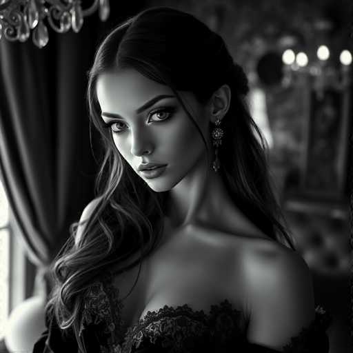 A woman with long brown hair is captured in a close-up portrait against the backdrop of an ornate room. She wears a black lace dress that contrasts with her dark hair and features a large earring on her left ear. The room behind her has a chandelier hanging from the ceiling, adding to the elegance of the scene.