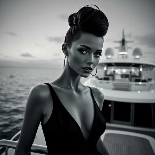 A woman with long dark hair is standing on a boat, wearing a black dress and looking off into the distance. The boat has a white stripe running along its side and a large window at the front.