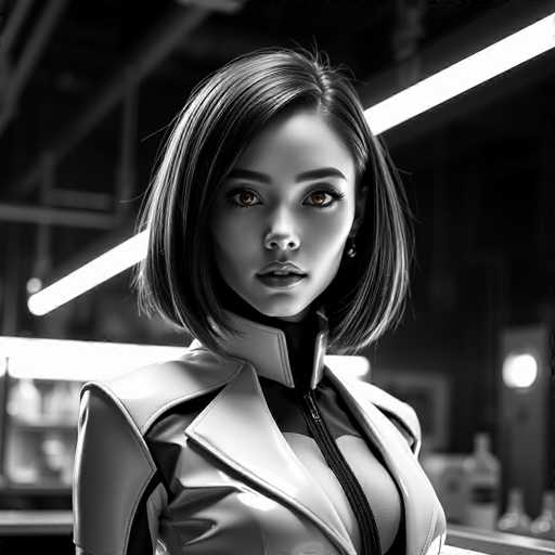 The image is a black and white portrait of a woman with short hair styled in a bob cut. She is wearing a white jacket that has a zipper running down the front. The background features a large light fixture on the ceiling and a row of lights lining the wall behind her, creating an industrial or warehouse-like setting.