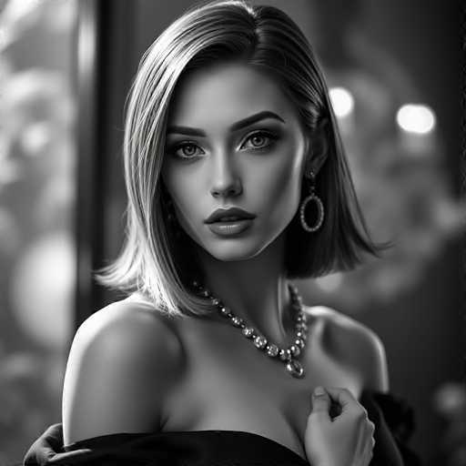 A woman with shoulder-length blonde hair is captured in a black and white portrait photograph. She is wearing a necklace that features a large pendant on the front. The background of the image is blurred, drawing focus to the subject's face.