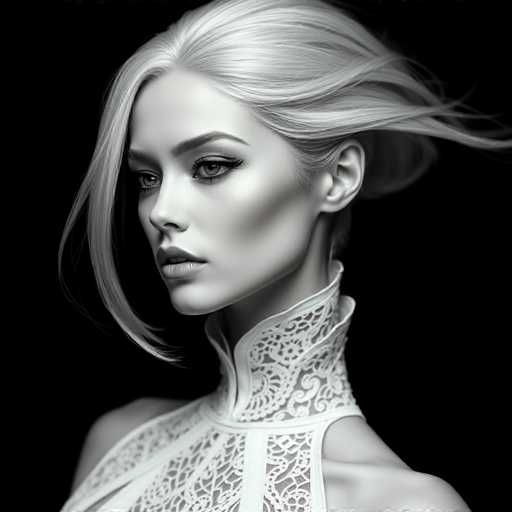 A woman with blonde hair is captured in a black and white portrait against a stark white background. She is wearing a white lace top that contrasts with her blonde hair. The simplicity of the image focuses on the subject's face and upper body, creating an artistic and timeless feel.