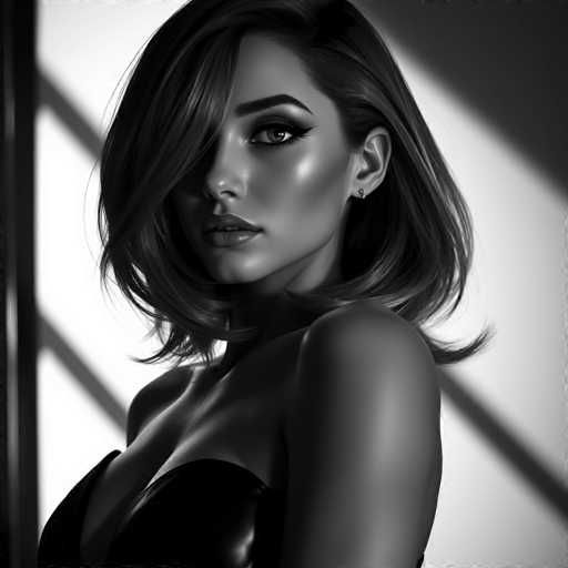 A woman with shoulder-length brown hair is captured in a black and white portrait photograph. She is wearing a strapless dress that falls just below her shoulders, revealing the contours of her upper body. The background features a simple white wall, which serves to highlight the subject's figure against it.