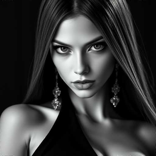 A woman with long brown hair is captured in a close-up portrait against a stark black background. She wears a simple yet elegant black dress and has her hair styled in loose waves that fall over her shoulders. The image does not contain any text or other discernible objects, focusing solely on the woman's features and attire.