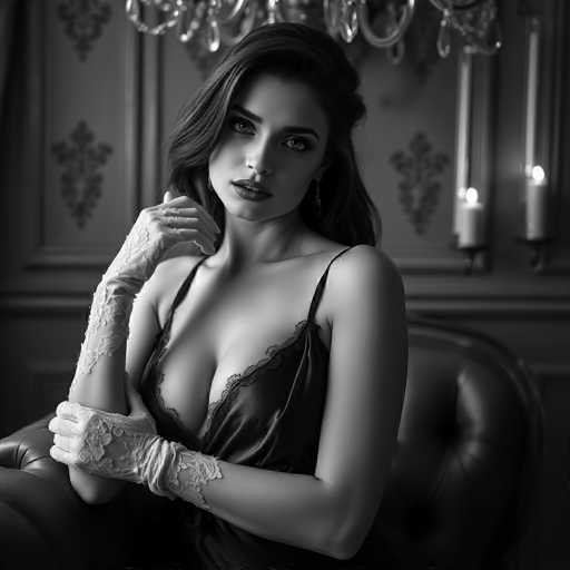A woman with long dark hair is seated on a black leather chair, wearing a black lace dress and white gloves. The room has a chandelier hanging from the ceiling, casting light onto the scene.