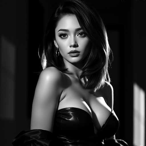 A woman with long dark hair is captured in a black and white photograph. She is wearing a strapless dress that accentuates her cleavage. The background features a simple white wall, providing a stark contrast to the woman's figure.