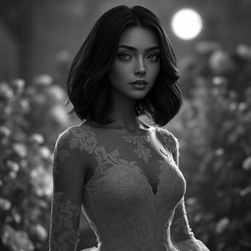 A woman with long dark hair is standing against a blurred background that appears to be a garden or forest. She is wearing a white dress with lace detailing and a corset top. The image has a black and white color scheme, giving it an artistic and timeless feel.