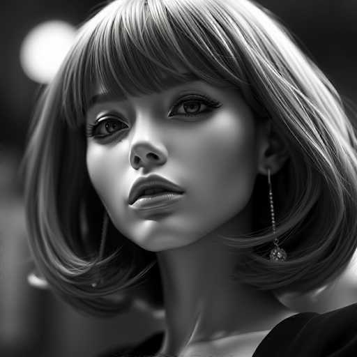 A black and white portrait of a woman with long blonde hair wearing earrings and a necklace.