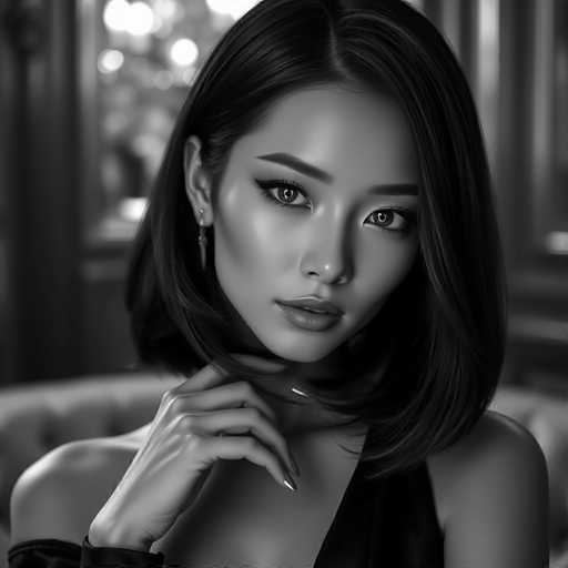 A woman with long dark hair is captured in a close-up portrait against the backdrop of a room with a window and a chair. She is wearing a black dress that contrasts with her dark hair. The image has a monochromatic color scheme, giving it an artistic and timeless quality.