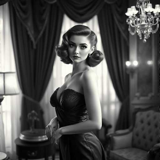 A woman with long brown hair is standing in a room with black curtains and a chandelier hanging from the ceiling. She is wearing a black dress that falls just below her knees. The room has a classic design, featuring a wooden table and chair.