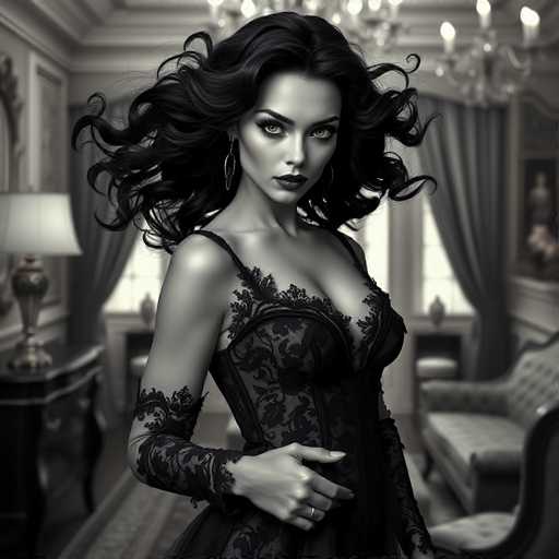 A woman with long dark hair is standing in a room filled with antique furniture and chandeliers. She is wearing a black lace dress that falls just below her knees, and she has her hands clasped together in front of her. The room features a large window on the left side, allowing natural light to flood into the space, and a couch can be seen against one wall.