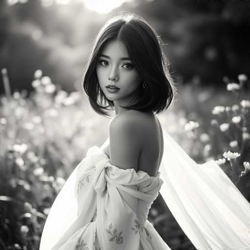 A young woman with shoulder-length dark hair is captured in a moment of quiet contemplation in the midst of a field filled with white flowers and tall grasses. She is dressed in a white dress that contrasts beautifully against the natural backdrop, and her gaze is directed off to the side, suggesting she may be lost in thought or simply enjoying the serene surroundings.