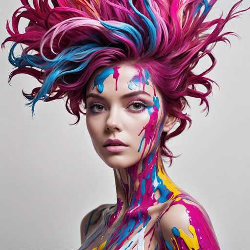 The image shows a close-up portrait of a woman with vibrant hair painted in various colors including pink, blue, and yellow. The woman is wearing a white dress that contrasts with the colorful hair. The background is plain white, which highlights the vividness of the woman's hair and dress.