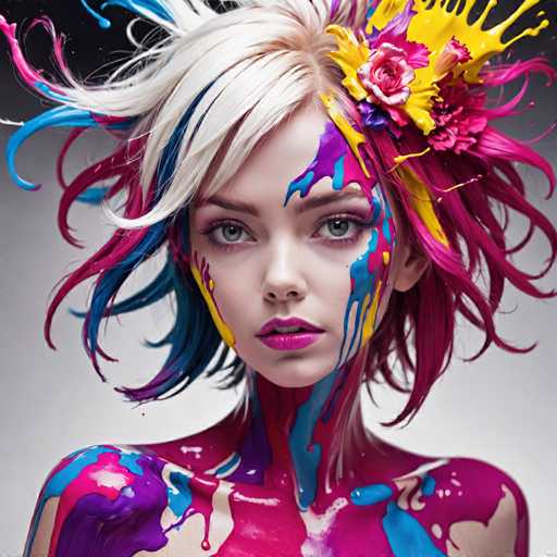 The image shows a close-up portrait of a person with vibrant and colorful hair that is styled in an artistic manner. The individual's face is partially obscured by the paint splatters on their body, creating a unique and striking visual effect. The background appears to be a plain white wall, which further accentuates the colors and details of the person's appearance.