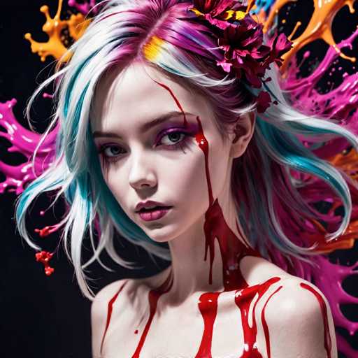 A young woman with blue hair styled in a messy bun is the main subject of this image. She has vibrant pink and purple flowers adorning her hair, adding a touch of whimsy to her appearance. The background features splashes of red and orange paint, creating an abstract backdrop that complements the colorful elements on the woman's head.