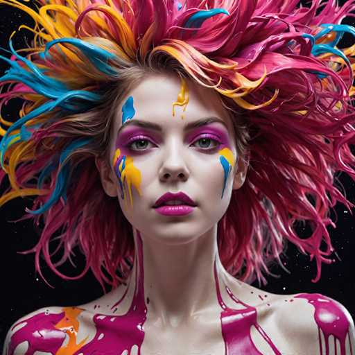 The image shows a close-up portrait of a woman with vibrant hair that is painted in various colors including pink, blue, yellow, and green. The woman's face features makeup, adding to the overall colorful appearance. The background appears to be black, which contrasts with the bright colors on her face and hair.