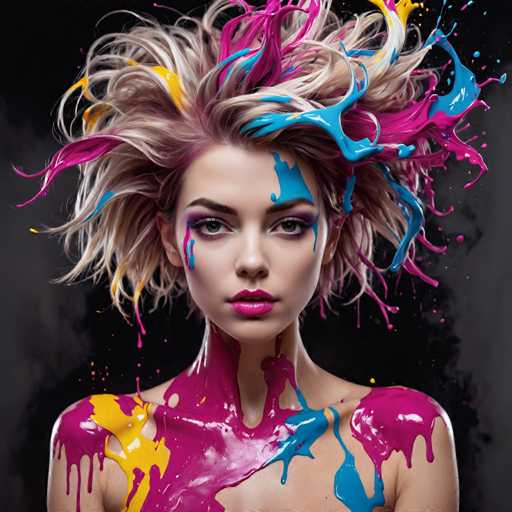 The image shows a young woman with vibrant hair and makeup, including blue, pink, yellow, and red colors splattered across her face and body. The background is black, which contrasts with the colorful elements in the foreground.