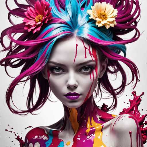 The image shows a close-up portrait of a woman with vibrant hair colors and makeup. The woman's face is the main focus, with her eyes looking directly at the camera. She has a unique style that includes colorful hair and makeup, giving her an artistic and edgy appearance.