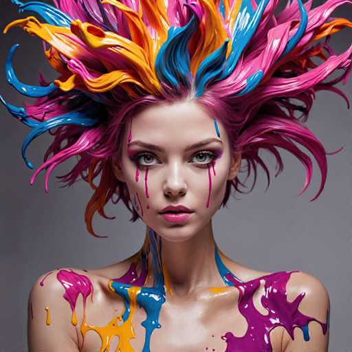 The image shows a young woman with vibrant hair painted in various colors including pink, blue, yellow, and orange. The woman is wearing a dress that matches the colorful theme of her hair. She has makeup on her face, adding to the overall artistic appearance.