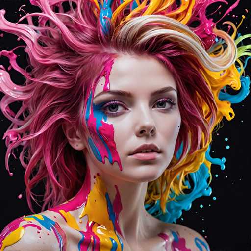 The image shows a close-up portrait of a woman with vibrant hair painted in various colors including pink, blue, yellow, and green. The woman is wearing minimal makeup, giving her a natural look that contrasts with the colorful hair. The background appears to be black, which further accentuates the vividness of the woman's hair color.