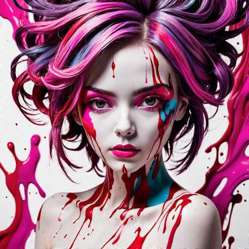 The image shows a close-up portrait of a person with vibrant hair and makeup. The individual has striking pink and blue hair that is styled in an intricate updo, giving the impression of a colorful explosion. The person's face is adorned with red and blue paint splatters, creating a unique and artistic look. The background features white splatters scattered across it, adding to the overall visual effect.