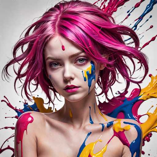 The image shows a young woman with pink hair and blue splatters on her face and chest. She is wearing minimal makeup and has a natural, carefree appearance. The background appears to be white, which contrasts with the vibrant colors of the woman's hair and makeup.
