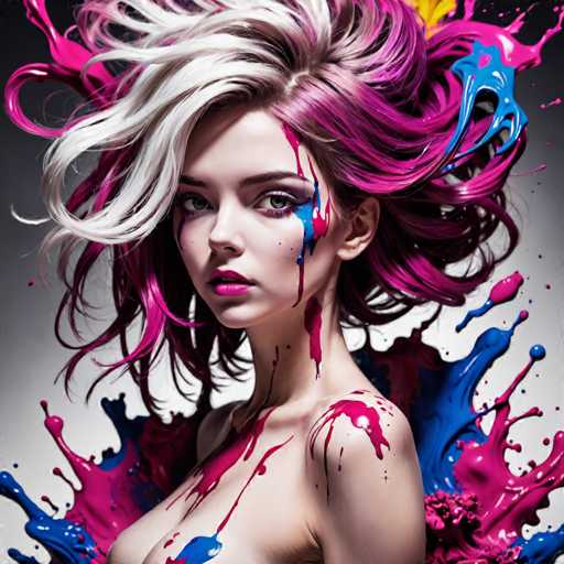 The image shows a young woman with vibrant purple hair and blue makeup on her face. She is wearing a white tank top that contrasts with the colorful background behind her. The background features splashes of red, blue, and pink paint, creating an abstract and artistic atmosphere around the woman's figure.