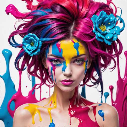 The image shows a young woman with vibrant hair and makeup. She is wearing a colorful outfit that includes blue, pink, yellow, and red colors. The background of the image is white, which contrasts with her colorful attire. There are several splatters of paint on her face and body, adding to the overall artistic and creative atmosphere of the scene.