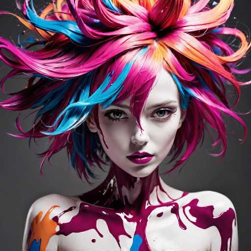 The image shows a close-up portrait of a person with vibrant hair that is styled in an unconventional and colorful manner. The individual's face is partially obscured by the splatter paint on their body, creating a unique and striking visual effect. The background appears to be a gray color, which contrasts with the bright colors of the person's hair and makeup.