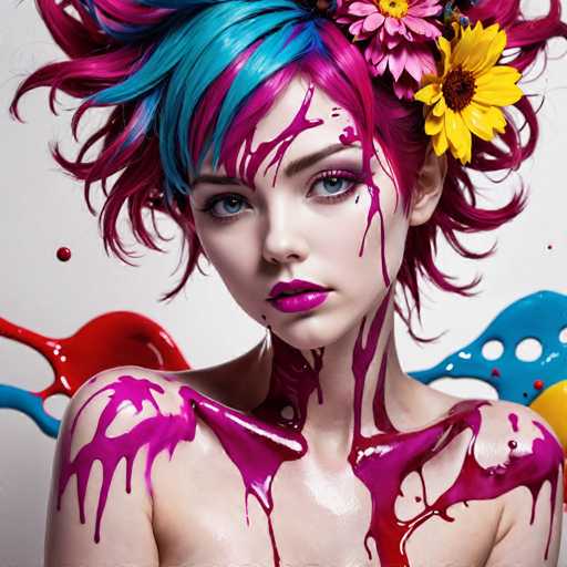 The image shows a young woman with vibrant hair painted in shades of pink and blue, wearing a flower crown on her head. The woman's face is adorned with colorful makeup that includes red lipstick and blue eyeshadow. The background features splashes of paint in various colors, including yellow, blue, and red.