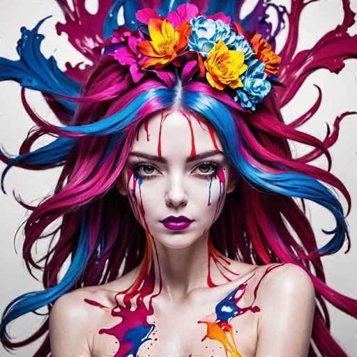 The image shows a close-up portrait of a woman with vibrant hair colors and makeup. The woman's face is the main focus, with her eyes looking directly at the camera. She has long, flowing hair that is painted in various shades of pink, blue, yellow, and purple. The background is white, which contrasts with the colorful elements on the woman's face.