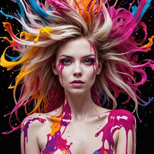 The image shows a woman with long blonde hair and colorful hair sprays on her head. The colors of the hair sprays include pink, blue, yellow, green, orange, and purple. The background is black, which contrasts with the vibrant colors of the hair sprays.