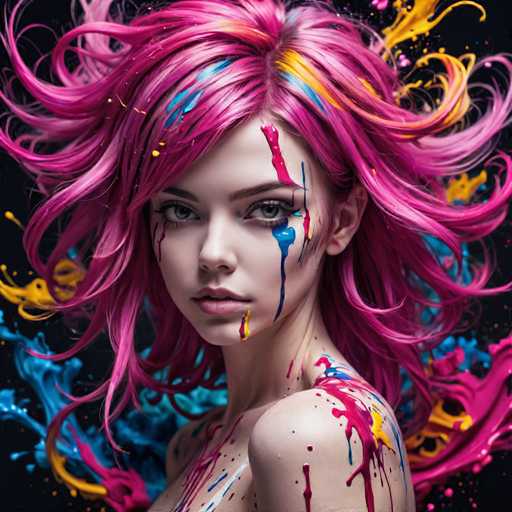 The image shows a close-up portrait of a young woman with vibrant pink hair and colorful makeup. The background is black, which contrasts with the bright colors on her face and body. The woman's eyes are looking directly at the camera, creating an engaging connection between the viewer and the subject.