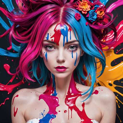 The image shows a close-up portrait of a person with vibrant hair painted in various colors and splatters of paint on their face and chest. The individual has blue eyes and is wearing a white dress against a black background.