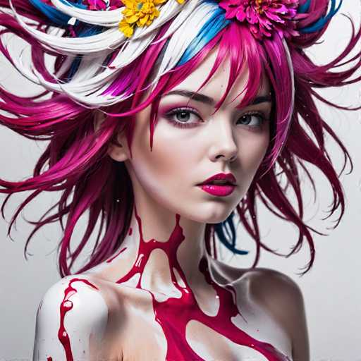 The image shows a close-up portrait of a woman with vibrant pink hair styled into an elaborate updo adorned with colorful flowers and ribbons. The woman's face is partially obscured by the flowers, creating a sense of mystery around her identity.