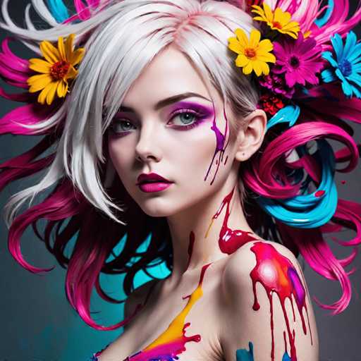The image shows a close-up portrait of a woman with white hair styled into a vibrant and colorful updo adorned with flowers. The woman's face is painted with bright colors, creating an artistic and unique look. The background is a solid blue color that contrasts with the woman's colorful appearance, making her stand out even more.
