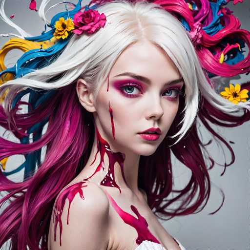 The image shows a close-up portrait of a woman with white hair styled in an elaborate updo and wearing vibrant makeup that includes pink lipstick and red nail polish. The background is a solid gray color, which contrasts with the colorful elements on her face and hair.