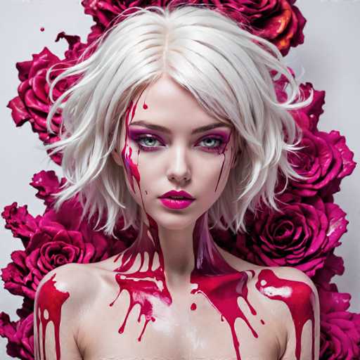 The image shows a close-up portrait of a woman with white hair and pink makeup on her face. The background is filled with pink roses, creating a visually striking contrast against the woman's pale skin. The woman appears to be in a state of distress or discomfort, as evidenced by the red paint splattered across her body.