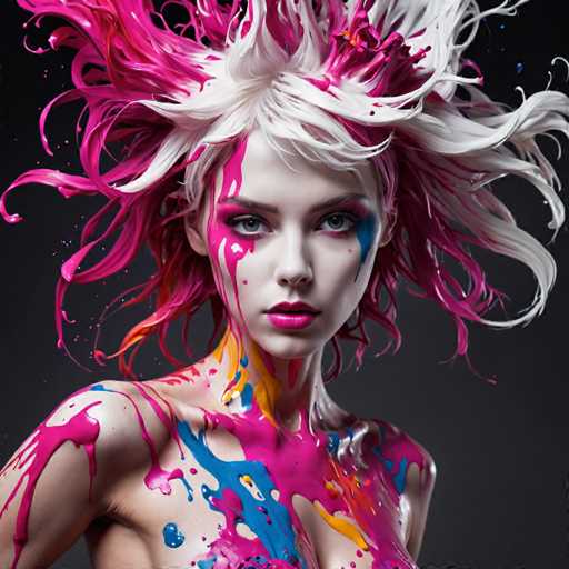 The image shows a close-up portrait of a woman with vibrant pink and white hair styled in an artistic manner. The woman's face is painted with splashes of blue, green, yellow, and red colors, creating a unique and colorful appearance. The background appears to be black, which contrasts with the bright colors on her face and highlights her as the main subject of the image.