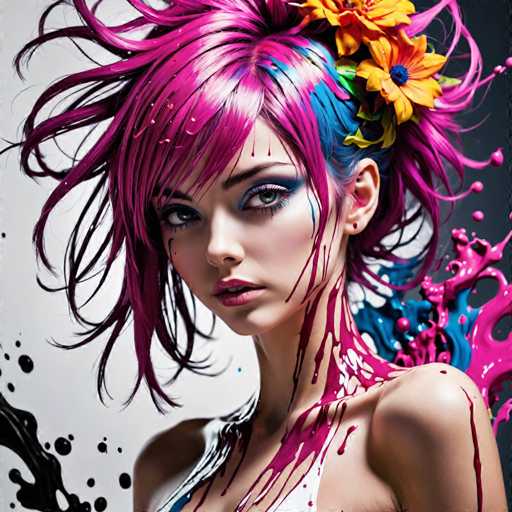 The image shows a young woman with vibrant pink hair styled in an updo and wearing a white top that has splatters of paint on it. The background is black and white, creating a stark contrast to the colorful elements in the foreground.