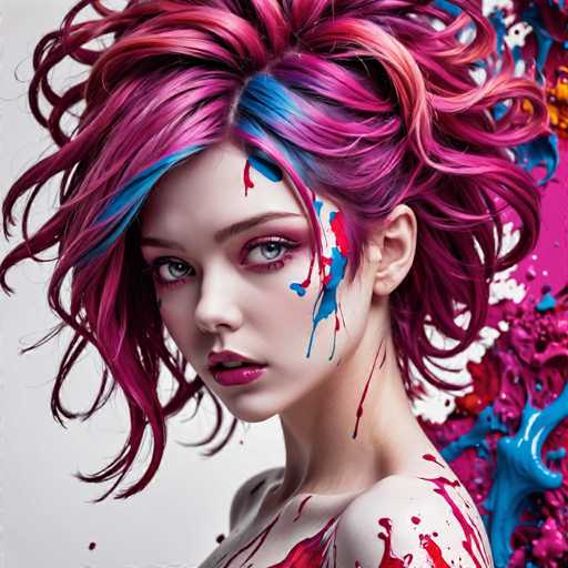 The image shows a close-up portrait of a young woman with vibrant pink hair styled in loose curls and splattered with blue and red paint. The background is white, providing a stark contrast to the colorful hair and makeup.