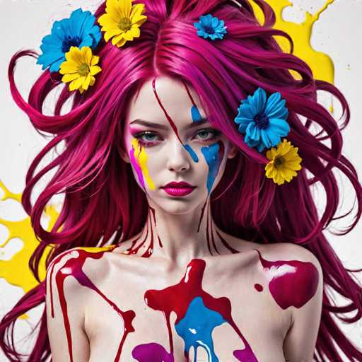 The image shows a close-up portrait of a woman with vibrant pink hair and makeup featuring blue and yellow flowers on her face. The background is white, which contrasts with the colorful elements in the foreground.