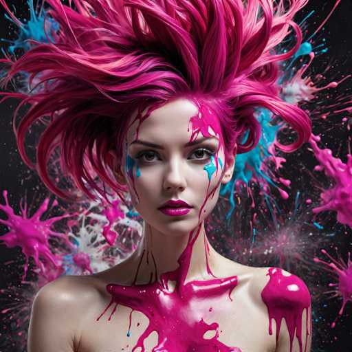 The image shows a close-up portrait of a woman with vibrant pink hair and makeup. The woman's face is the main focus, with her eyes looking directly at the camera. Her hair is styled in an unconventional manner, with splatters of paint covering it from head to toe. The background features a black canvas adorned with colorful splatters of paint, creating a visually striking contrast against the white backdrop.